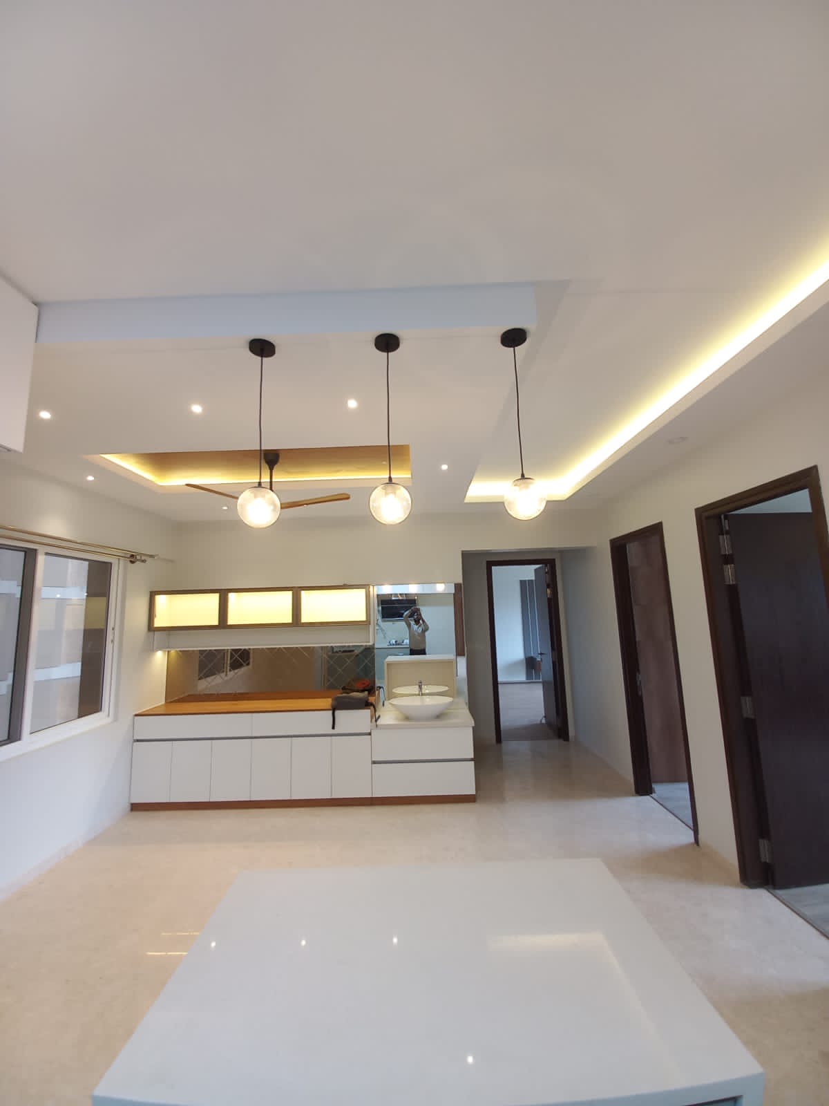 Island Kitchen with Pendants — Kitchen interior design Modern Luxury Apartment, Bangalore